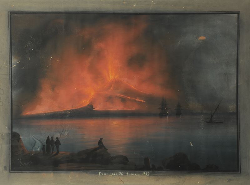 Scuola Napoletana del XIX secolo Eruzione notturna del Vesuvio  - gouache su carta - Asta Arte Marinara - Cambi Casa d'Aste