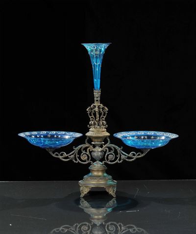 Centrotavola in Metallo e Vetro Blu, Murano XIX Secolo