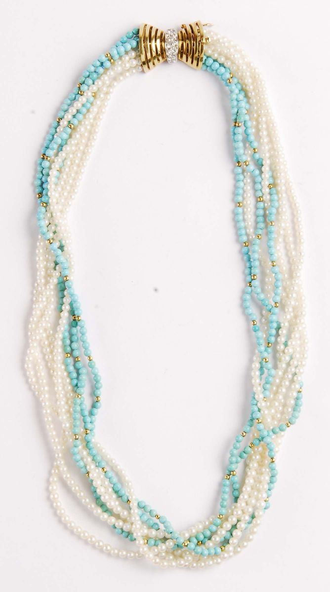Collana con piccole perle e turchesi  - Asta Argenti e Gioielli Antichi e Contemporanei - Cambi Casa d'Aste