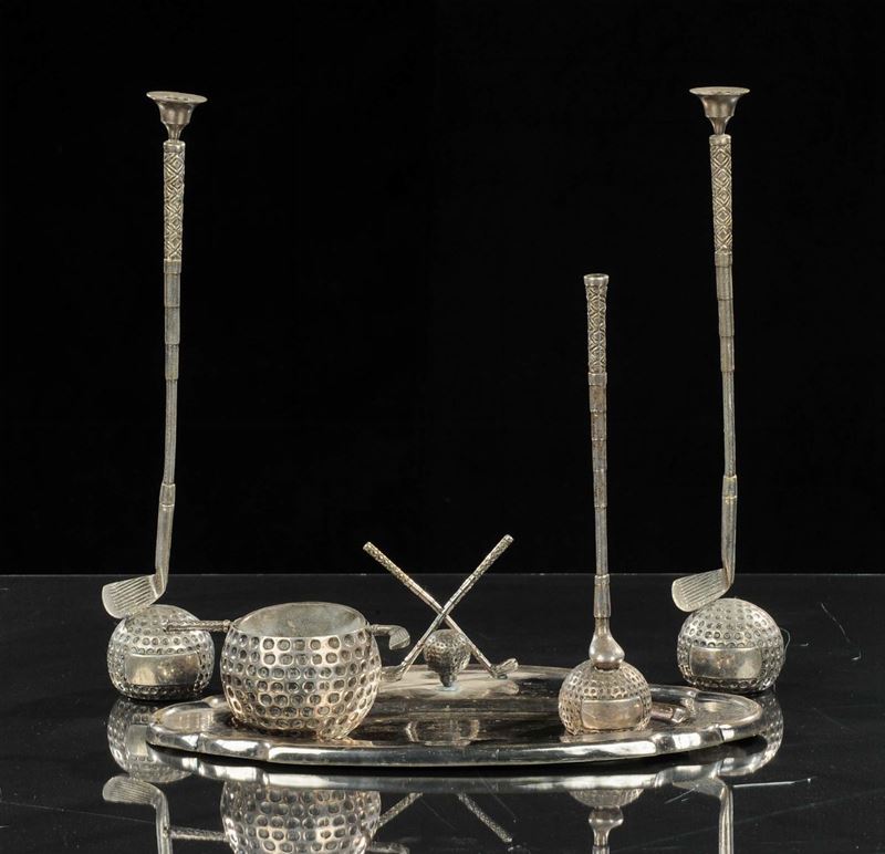 Servizio da scrivania composto da cinque pezzi in metallo argentato  - Asta Antiquariato e Dipinti Antichi - Cambi Casa d'Aste