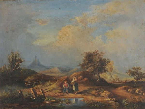 Scuola del XIX secolo Paesaggio lacustre con figure
