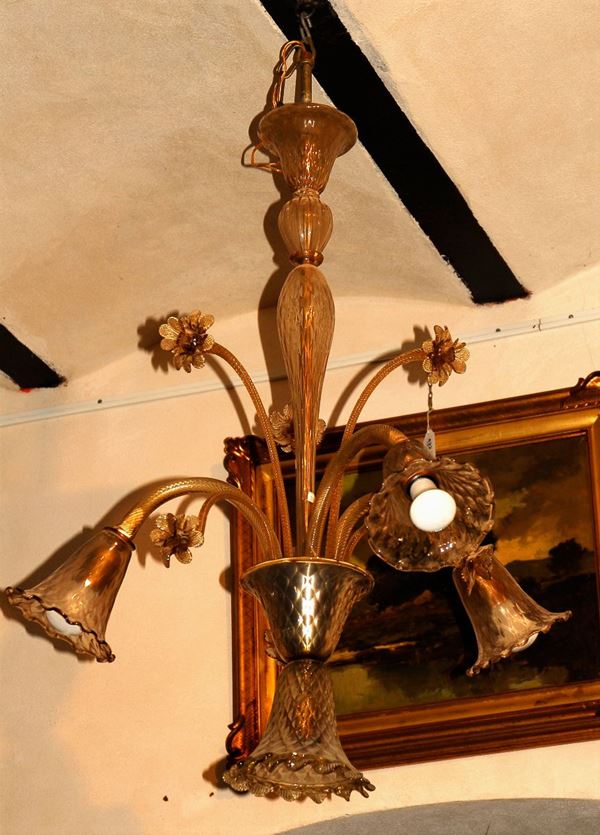 Lampadario in vetro di Murano incolore a tre luci, XX secolo