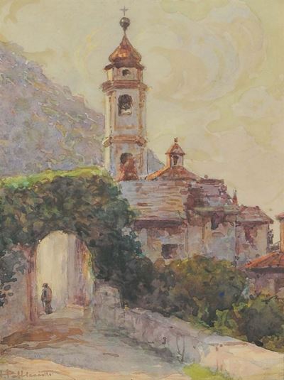 Tito Pelliciotti (1872-1950)paesaggio con Chiesa e Figure