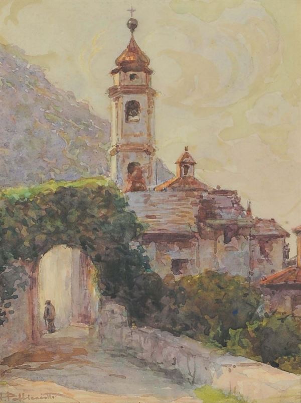 Tito Pelliciotti (1872-1950) Paesaggio con chiesa e figure