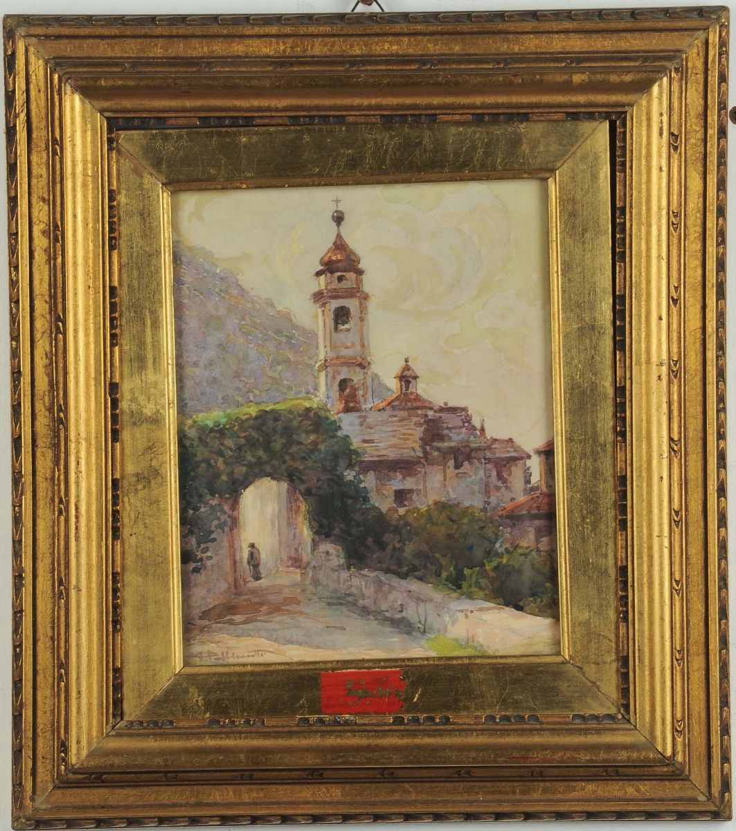 Tito Pelliciotti (1872-1950)paesaggio con Chiesa e Figure