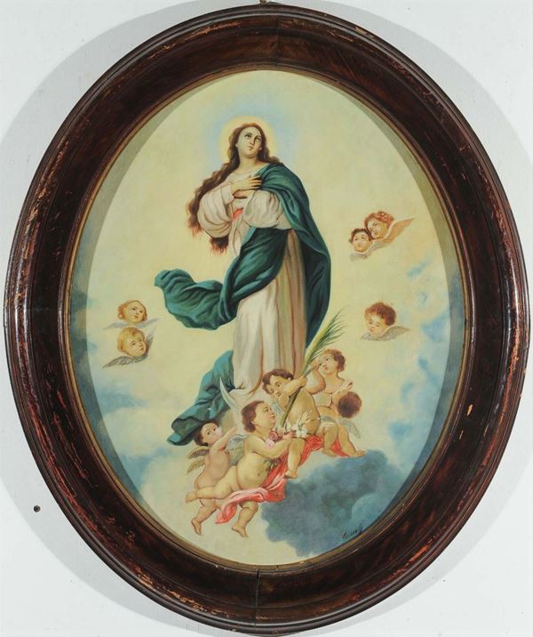 Scuola del XX secolo Madonna su nuvola con Angeli