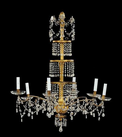 Lampadario a Sei Luci in Bronzo Dorato e Cristalli, Genova Fine XVIII Secolo