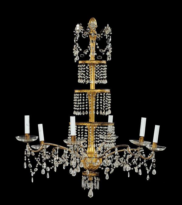 Lampadario a sei luci in bronzo dorato e cristalli, Genova fine XVIII secolo