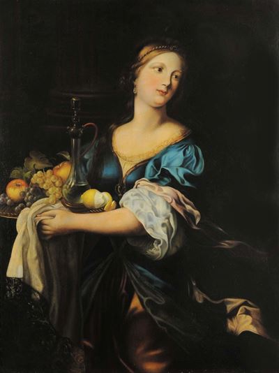 Scuola Francese del XIX Secolodama con Vassoio di Frutta