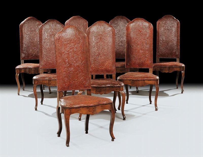 Otto sedie con struttura in noce, XVIII secolo  - Asta Antiquariato e Dipinti Antichi - Cambi Casa d'Aste