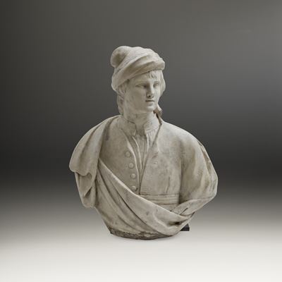 Busto in Marmo Bianco Raffigurante Figura Virile con Copricapo, Scultore Italiano del XVII Secolo