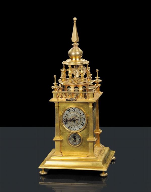 Orologio rinascimentale a edicola in bronzo e rame dorato, firmato e datato Cristoff Lutzenberger 1626,  [..]