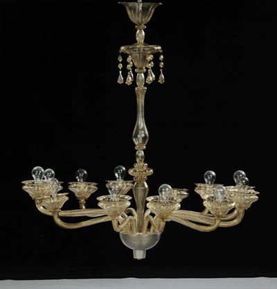 Lampadario in Vetro di Murano Incolore a Dodici Luci, XX Secolo
