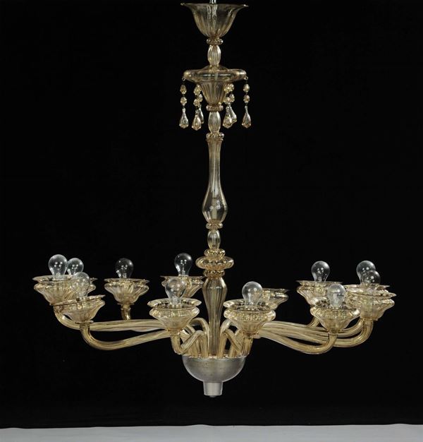 Lampadario in vetro di Murano incolore a dodici luci, XX secolo
