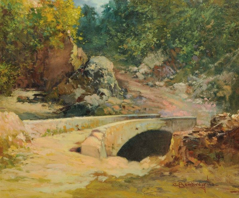Cesare Bentivoglio (1868-1952) Paesaggio con ponte  - Asta Antiquariato | Asta a Tempo - Cambi Casa d'Aste
