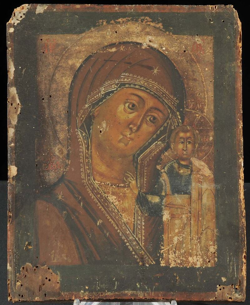 Icona in legno raffigurante Madonna col Bambino, fine XVII secolo  - Asta Antiquariato, Argenti e Dipinti Antichi - Cambi Casa d'Aste