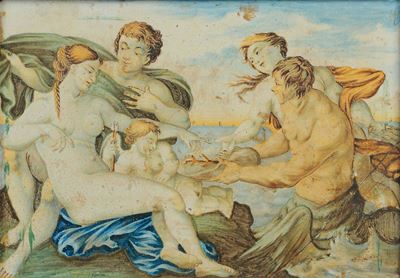 Piastrella in Maiolica Decorata in Policromia con Personaggi, Castelli XVIII Secolo