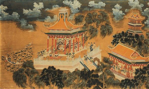 Coppia di dipinti a tempera su carta applicata su tela, Cina dinastia Qing XVIII secolo