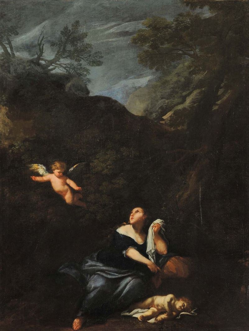 Scuola Bolognese del XVII secolo Agar e lÕAngelo  - Asta Antiquariato e Dipinti Antichi - Cambi Casa d'Aste