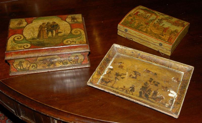 Due scatole diverse laccate e decorate ad arte povera, XVIII secolo  - Auction Antiques and Old Masters - Cambi Casa d'Aste