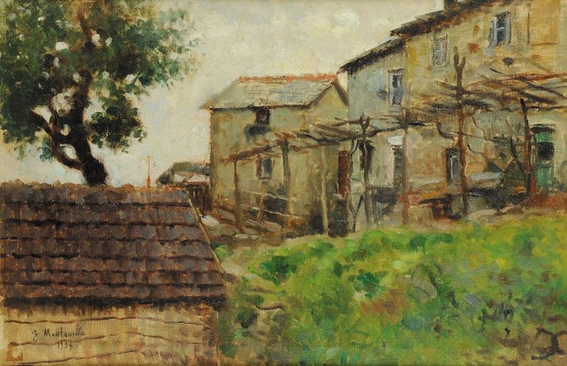 Evasio Montanella (1878-1940) Paesaggio con case, 1933  - Auction Old Paintings and Furnitures - Cambi Casa d'Aste