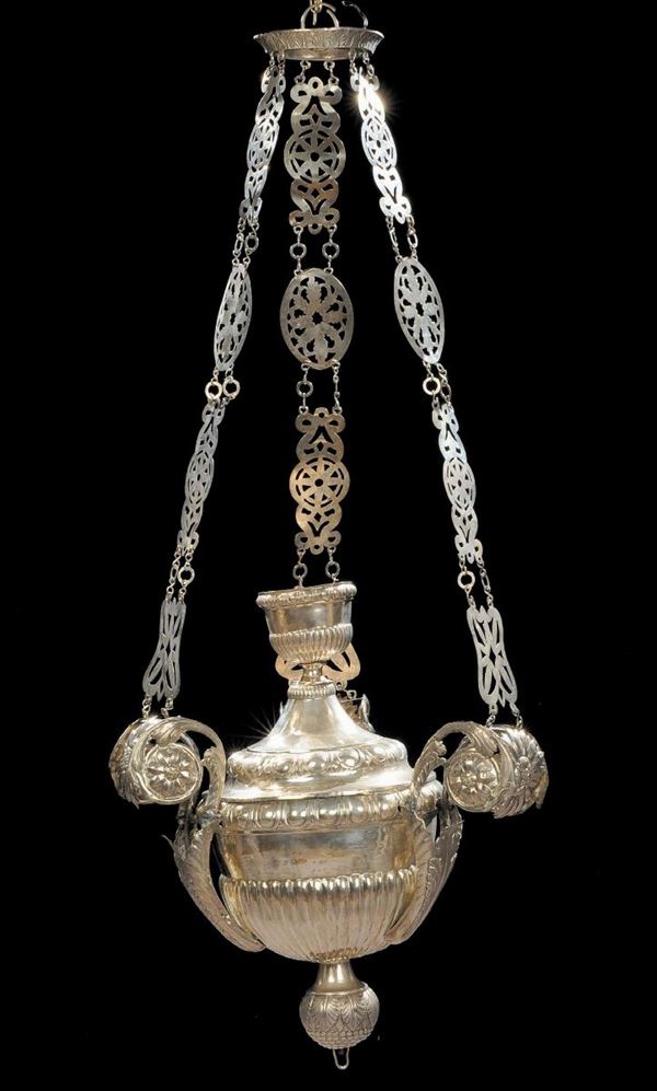 Lampada votiva Carlo X in argento, Genova inizio XIX  secolo