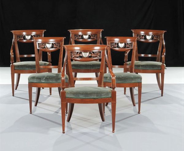 Insieme di quattro poltrone e due sedie Direttorio, XIX secolo