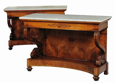Coppia di Console Carlo X Lastronate ed Intarsiate, Inizio XIX Secolo