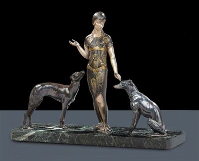 Gruppo Scultoreo Raffigurante Gentildonna con Coppia di Levrieri