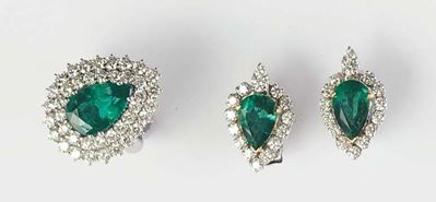 Parure Orecchini Pi Anello Oro Bianco e Smeraldi