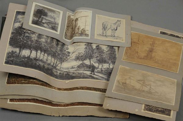 Lotto composto da acquarelli su carta e cartoncino raffiguranti paesaggi