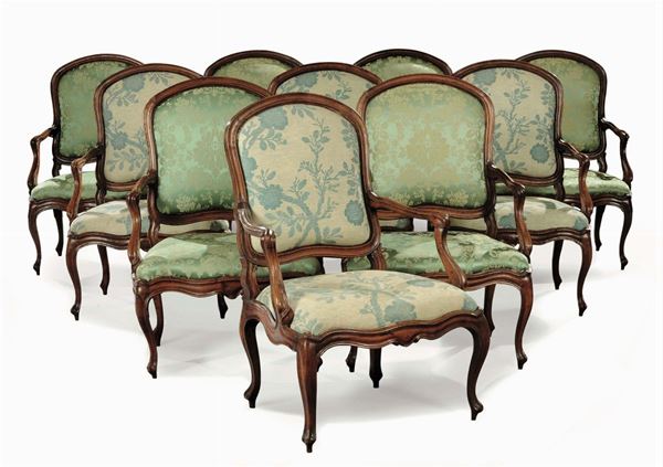 Ten Louis XV style walnut armchairs, Genoa, 18th century