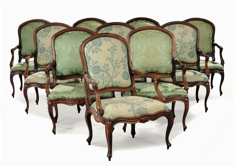 Ten Louis XV style walnut armchairs, Genoa, 18th century  - Auction Fine Art - Cambi Casa d'Aste