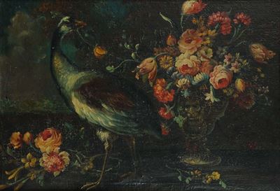 Scuola del XIX Secolopavone con Mazzo di Fiori