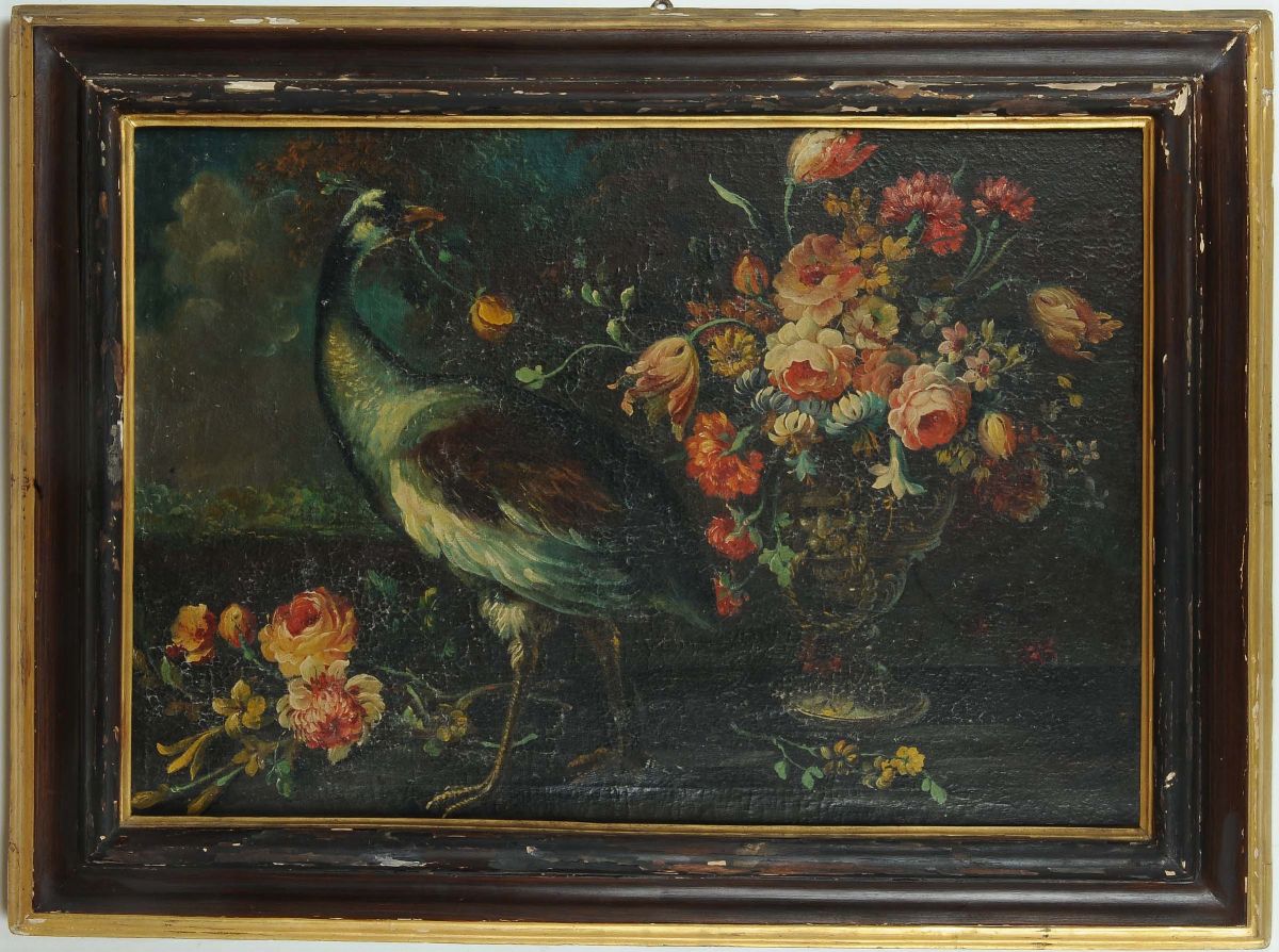 Scuola del XIX Secolopavone con Mazzo di Fiori
