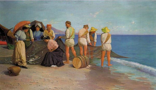 Cesare Bentivoglio (1868-1952) Dame e pescatori sulla spiaggia, 1900