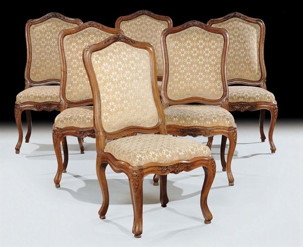 Sei sedie Luigi XV in noce intagliato, Veneto XVIII secolo