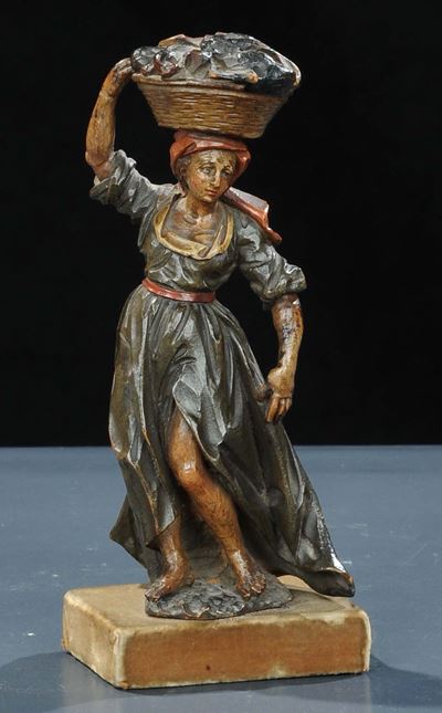 Scultura in Legno Intagliato Raffigurante Popolana con Cesta, XIX Secolo