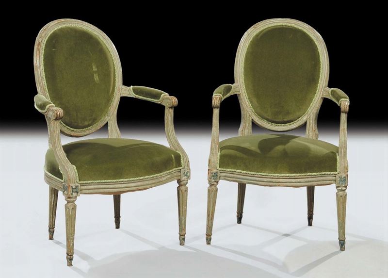Coppia di poltrone ovaline Luigi XVI, inizio XIX secolo  - Auction Old Paintings and Furnitures - Cambi Casa d'Aste