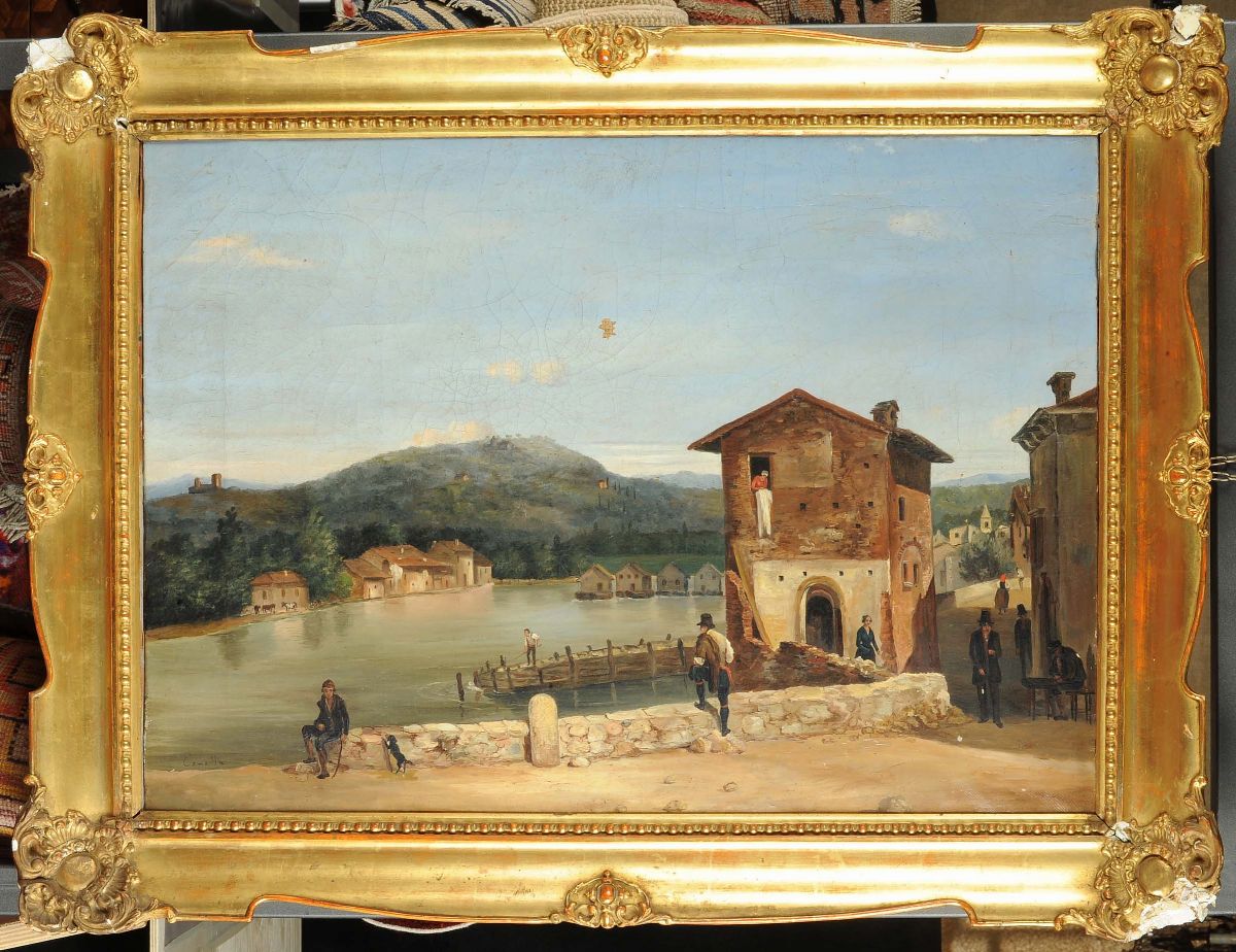 Scuola del XIX Secoloveduta Lacustre con Scorcio di Paese