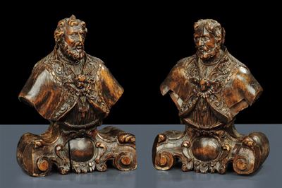 Coppia di Busti Maschili in Legno Intagliato, XVIII-XIX Secolo