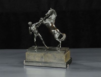 Scultura in Bronzo Brunito Raffigurante Domatore di Cavallo, XIX Secolo