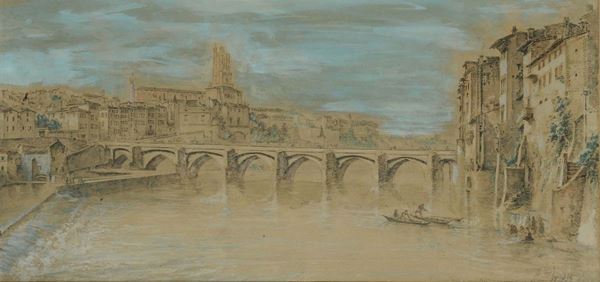 Anonimo del XIX secolo Veduta di cittˆ con ponte