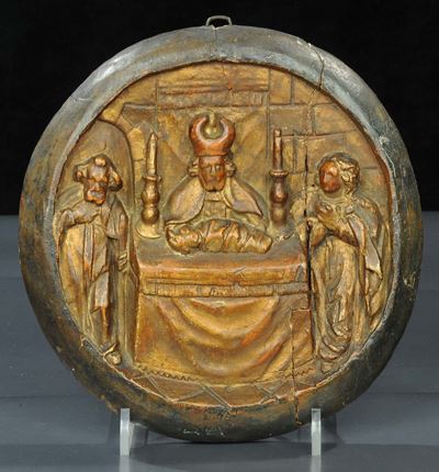 Tondo in Legno Scolpito a Bassorilievo Raffigurante Scena Sacra, XVIII Secolo