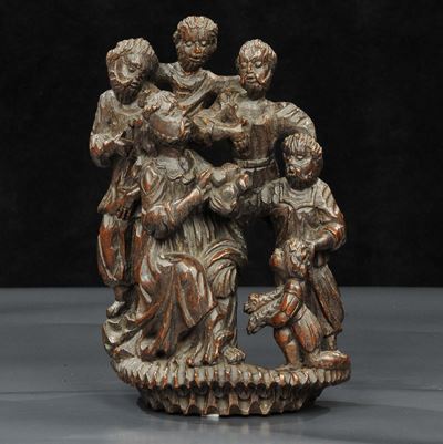 Gruppo Scultoreo in Legno Intagliato Raffigurante Famiglia, XIX Secolo