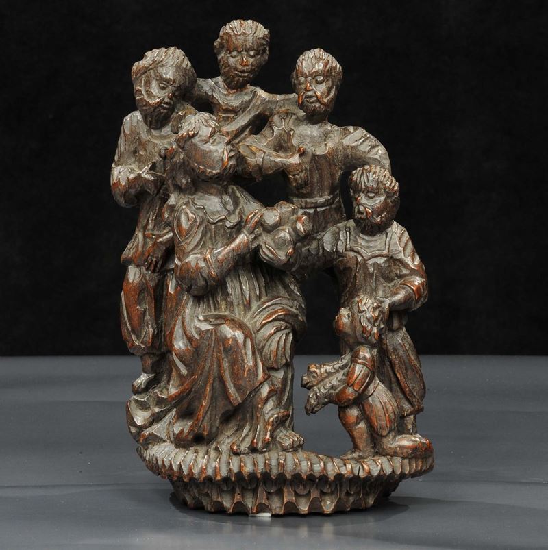 Gruppo scultoreo in legno intagliato raffigurante famiglia, XIX secolo  - Asta Antiquariato e Dipinti Antichi - Cambi Casa d'Aste
