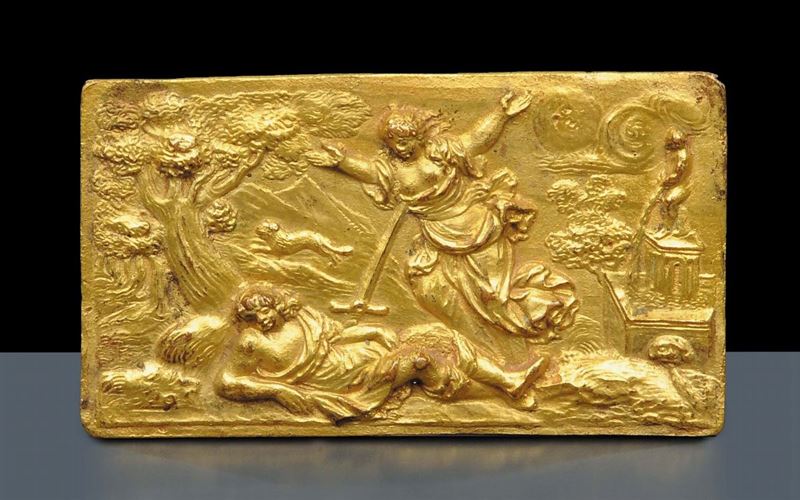 Piccola placca in bronzo dorato raffigurante scena mitologica, XVIII secolo  - Asta Antiquariato e Dipinti Antichi - Cambi Casa d'Aste