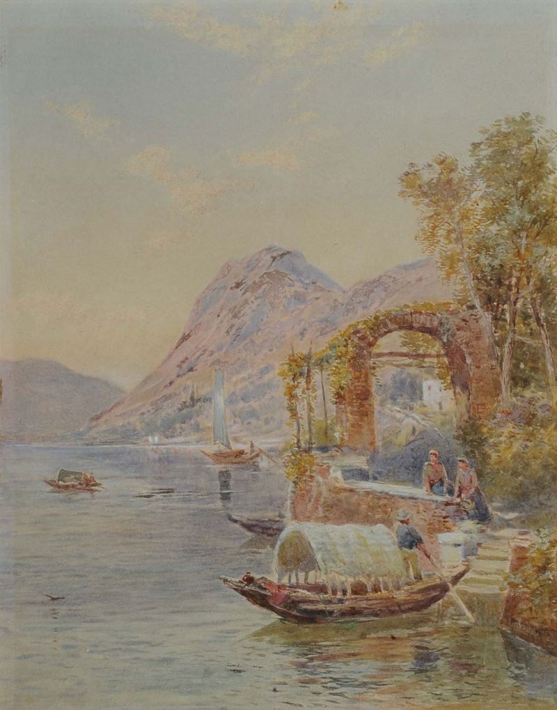 Scuola del XIX secolo Veduta lacustre con imbarcazioni  - Asta Antiquariato e Dipinti Antichi - Cambi Casa d'Aste