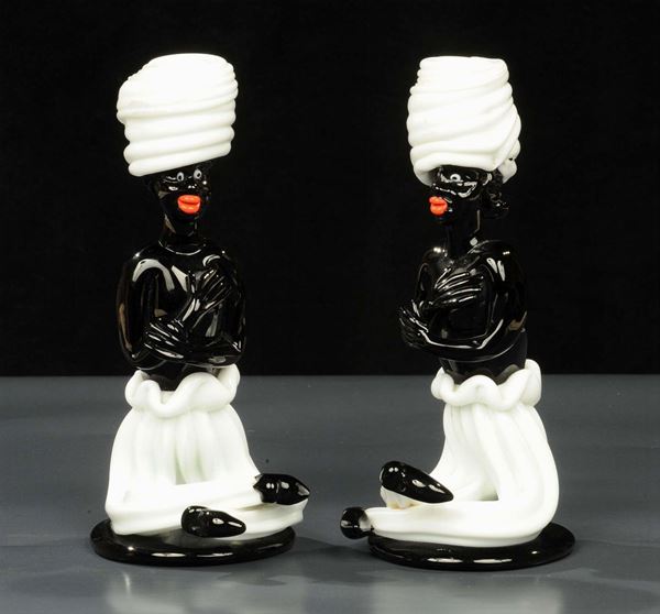 Due candelieri a foggia di moretti con turbanti, Murano XX secolo