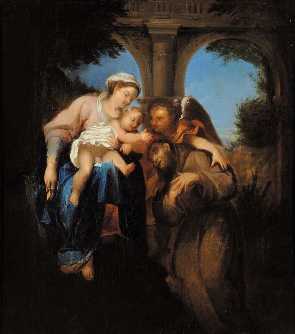 Scuola del XVIII secolo Madonna con Bambino, San Francesco ed angelo